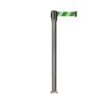 Montour Line Retractable Belt Fixed Stanchion, 2ft Sat.Steel Post  11ft. Grn/Wh MX530F-SS-GWD-110